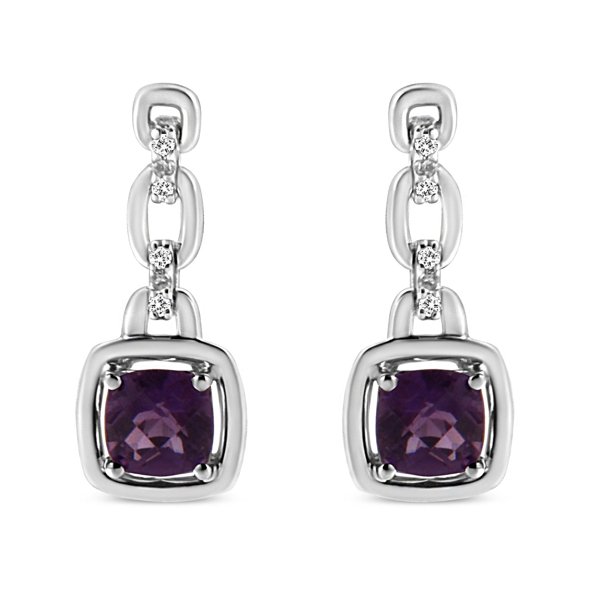 Front view of white metal drop earrings featuring cushion-shaped purple gemstones and multiple small round white gemstones in prong settings.