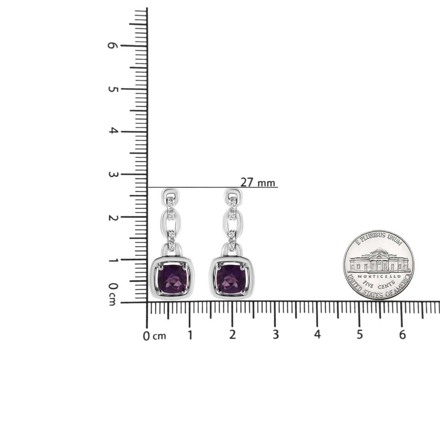 White metal earring with a purple cushion-shaped gemstone and multiple small round white gemstones, photographed on a ruler for size reference from the front angle.