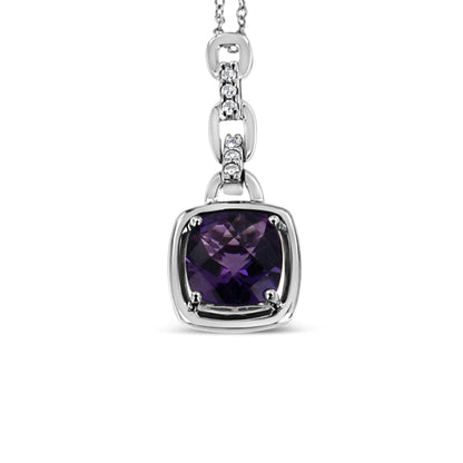 Close-up front view of a white metal necklace with a square purple gemstone pendant surrounded by a border and six round white gemstones set along the chain above the pendant.