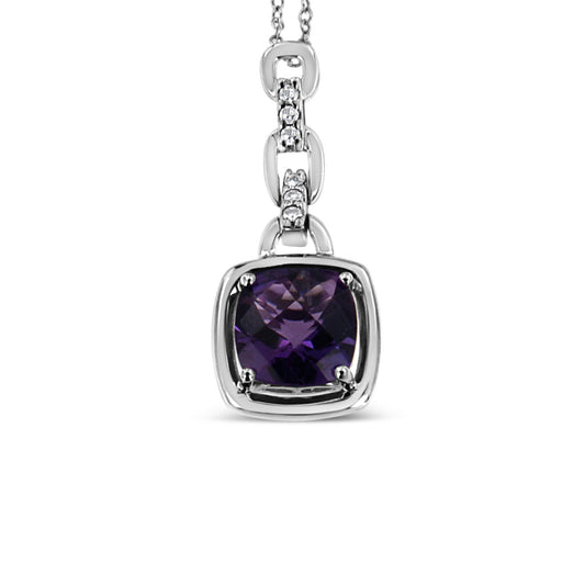 Close-up front view of a white metal necklace with a square purple gemstone pendant surrounded by a border and six round white gemstones set along the chain above the pendant.