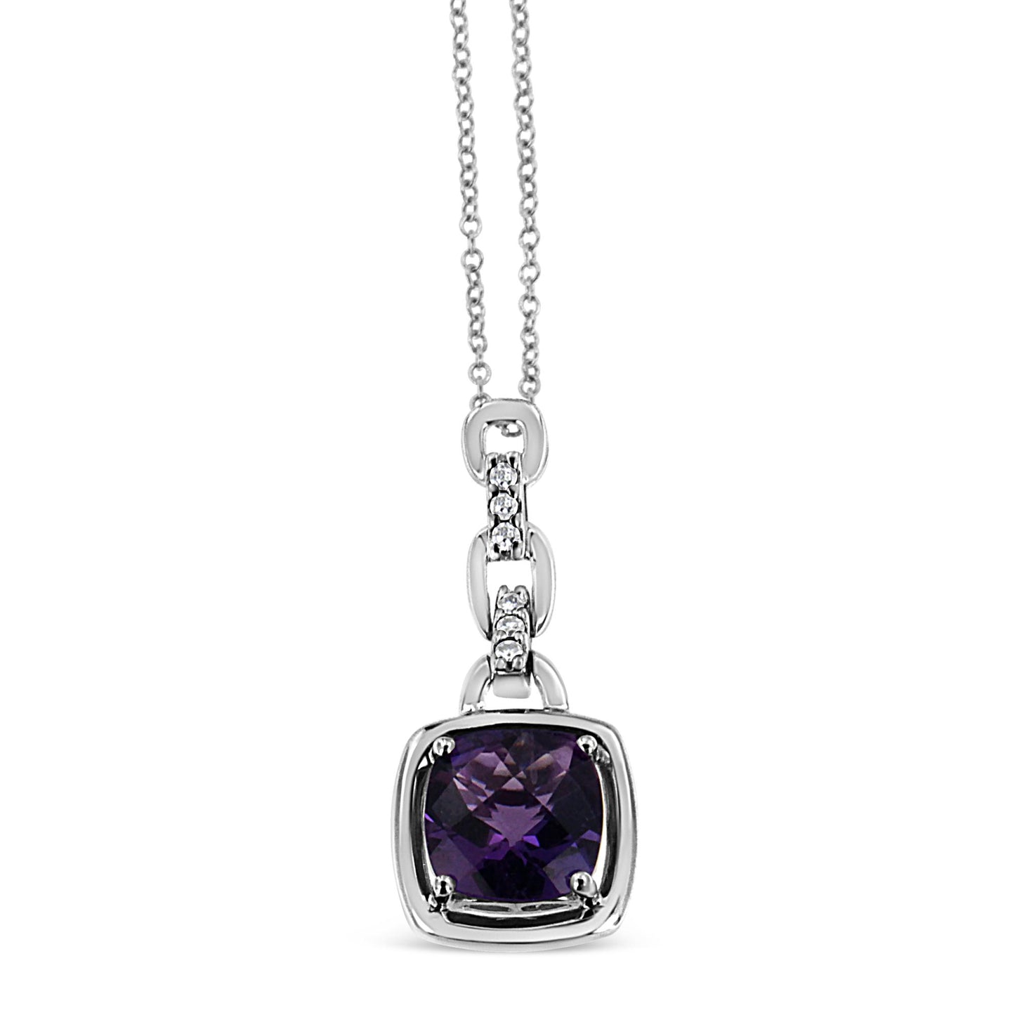 Front facing close-up of a white necklace with a cushion-shaped purple gemstone pendant surrounded by six round white gemstones set in prongs.
