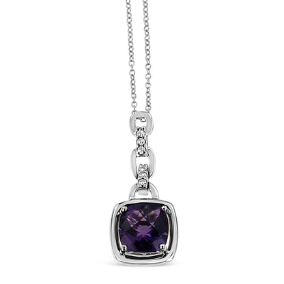 Front facing close-up of a white necklace with a cushion-shaped purple gemstone pendant surrounded by six round white gemstones set in prongs.
