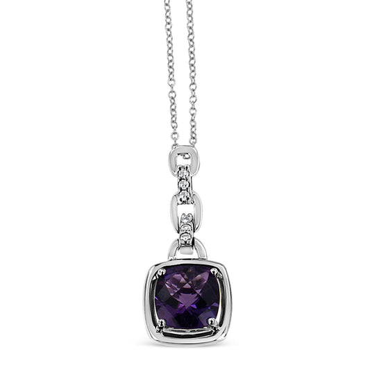 Front facing close-up of a white necklace with a cushion-shaped purple gemstone pendant surrounded by six round white gemstones set in prongs.