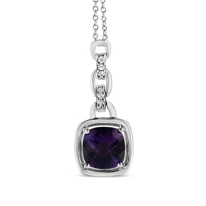 Close-up front view of a white necklace pendant with a purple gemstone in a cushion shape surrounded by a white metal frame, connected to a chain adorned with small round white gemstones.