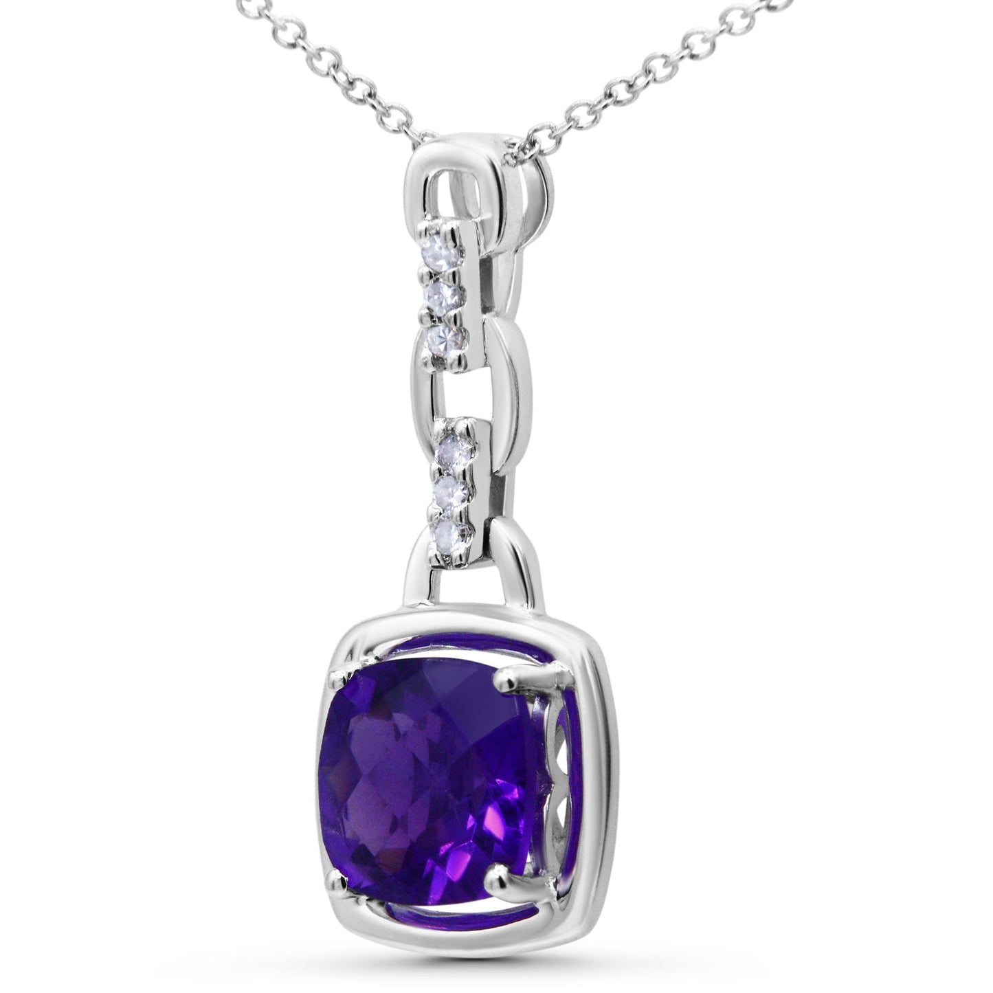 .925 Sterling Silver 6x6MM Cushion Shaped Natural Purple Amethyst and Diamond Accented Bale 18" Inch Pendant Necklace (I-J Color, I1-I2 Clarity)