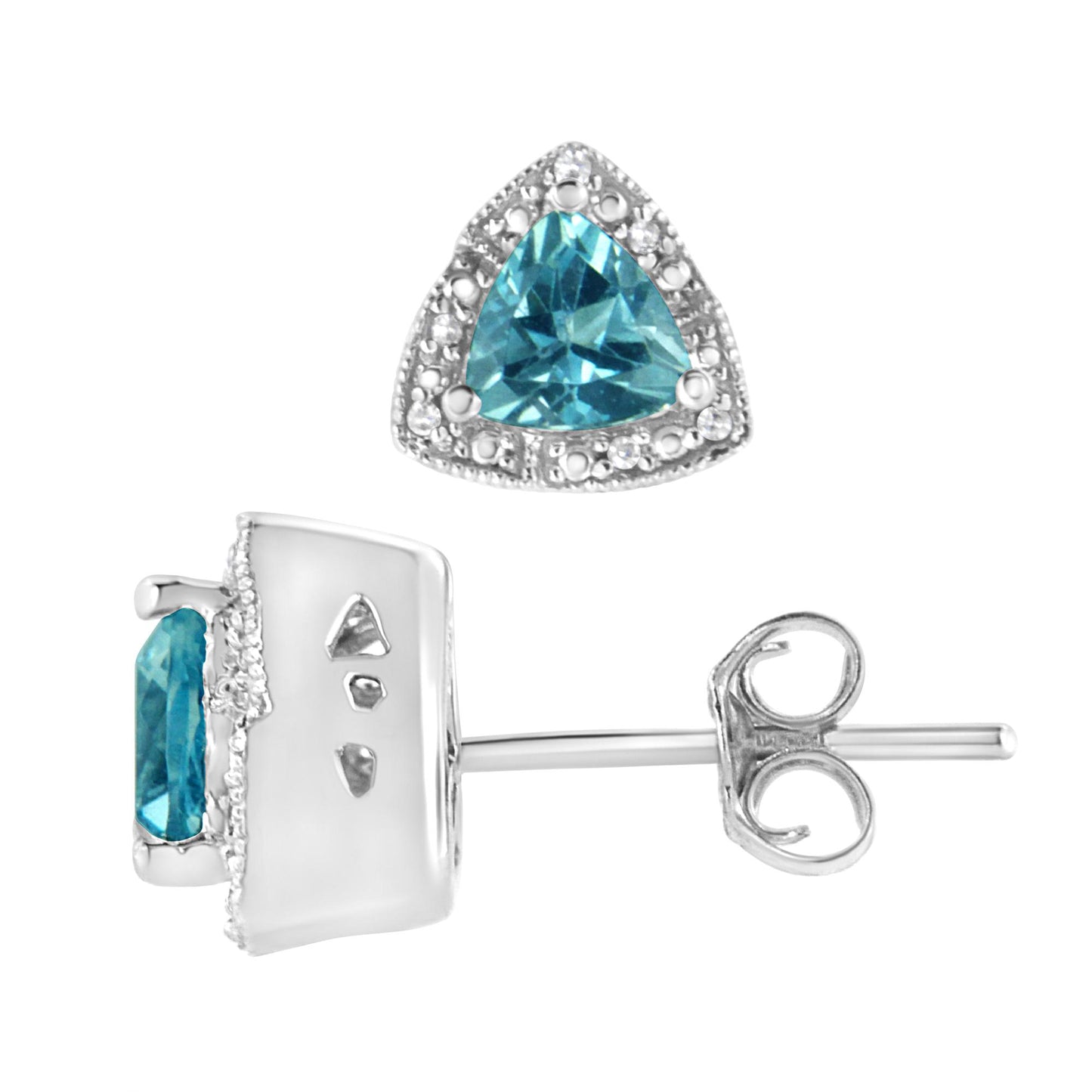White metal stud earrings with a blue trillion-shaped gemstone surrounded by small round white gemstones, shown from top and side angles.