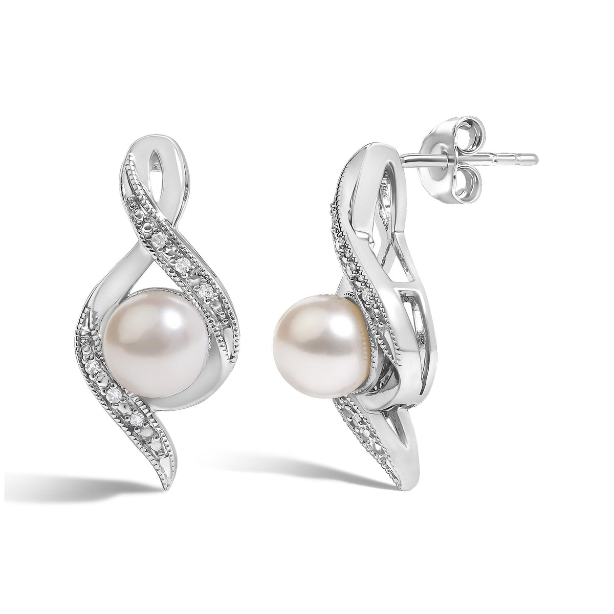 Close-up front and side angle of white metal earrings with a twisted design featuring a large white round gemstone in the center and a pave setting of small white round gemstones along the curves, shown on a white background.