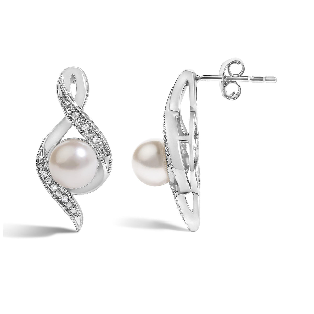 Close-up image of one white metal earring shown from the front left angle and one earring shown from the side right angle with a white gemstone at the base and a white gemstone pave setting wrapped around the earring in a loop design.