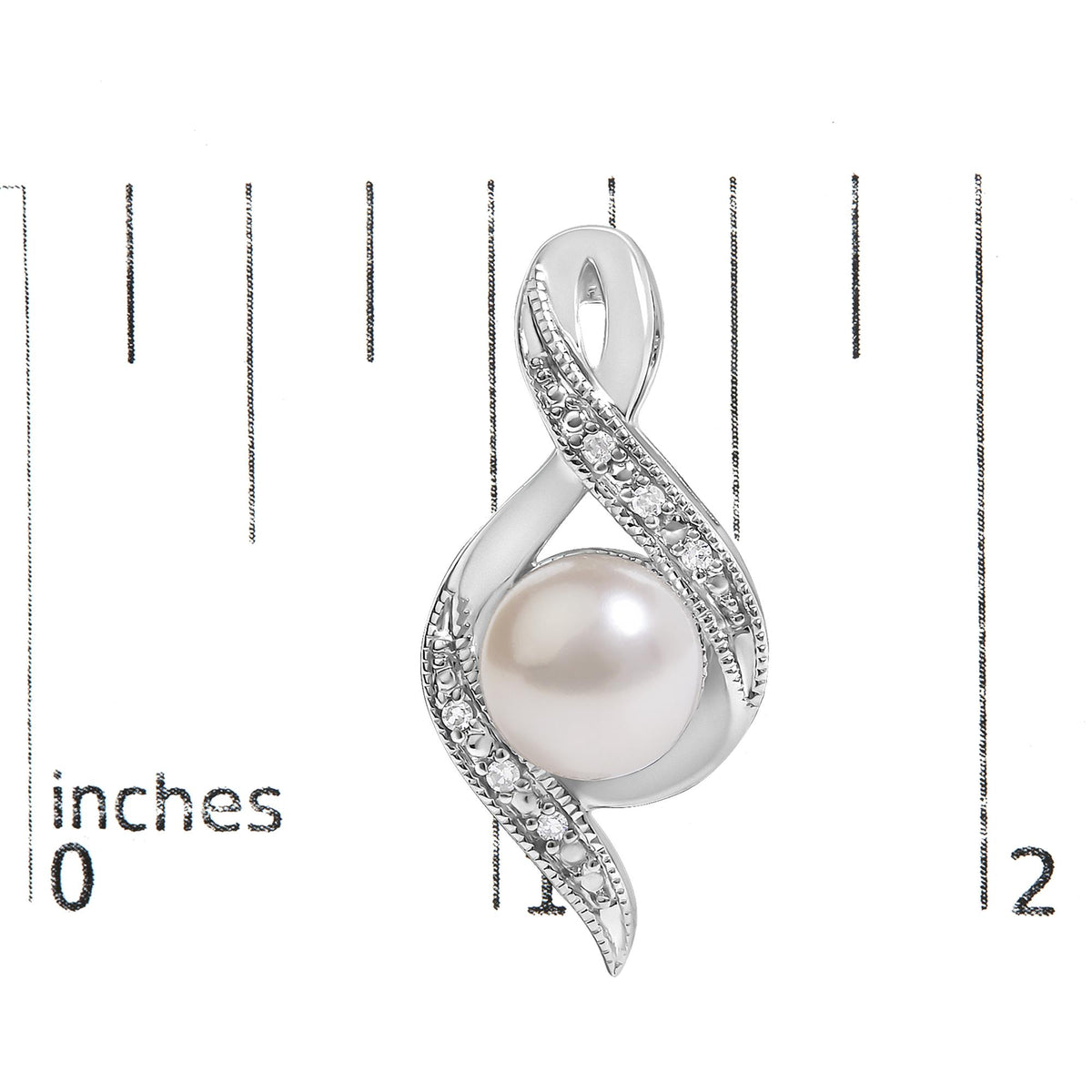 Close-up front view of a white metal earring featuring a large round pearl at the center, surrounded by an intertwined ribbon design paved with multiple small round white gemstones, shown on a measurement scale.