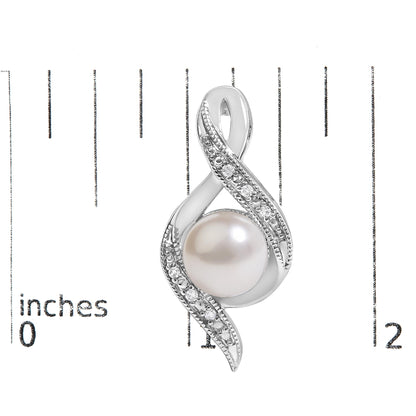 Close-up front view of a white metal earring featuring a large round pearl at the center, surrounded by an intertwined ribbon design paved with multiple small round white gemstones, shown on a measurement scale.
