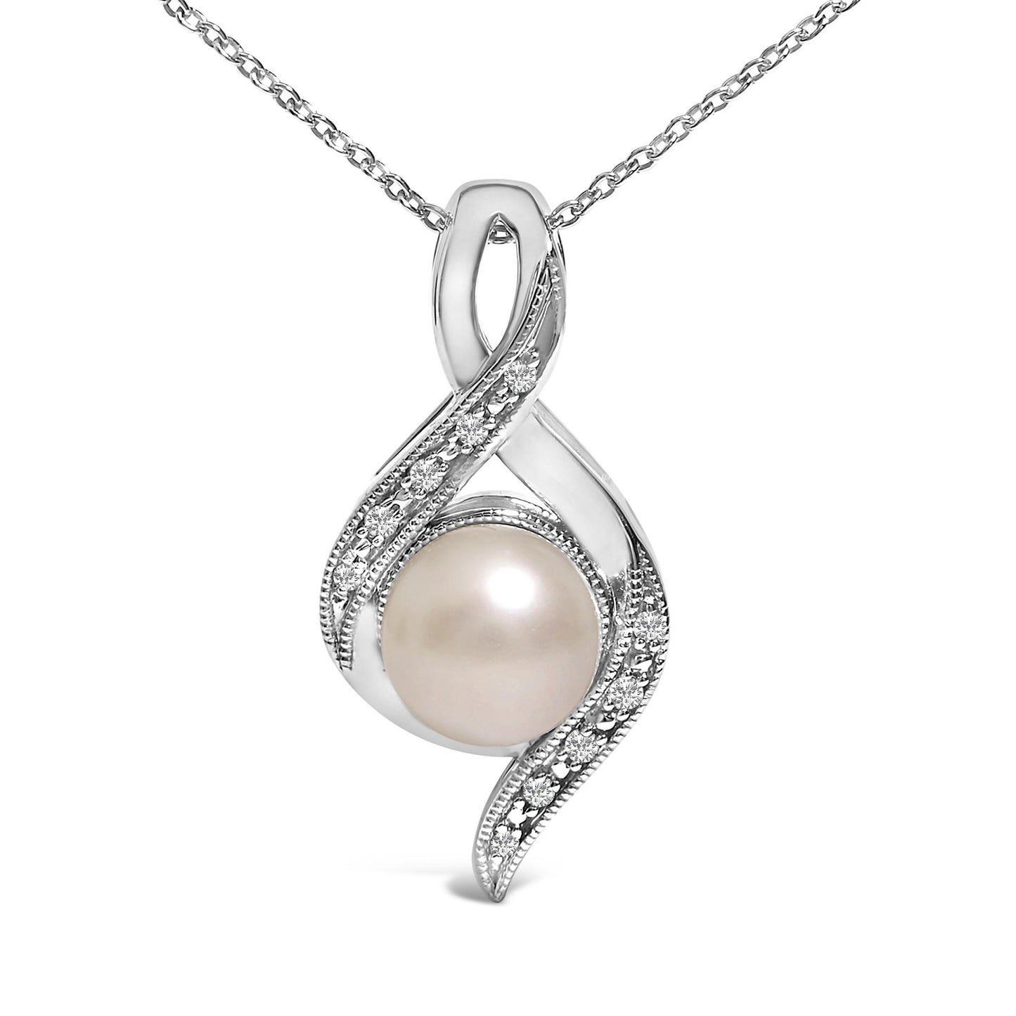 Close-up front view of a white metal necklace pendant with a large round light-colored gemstone at the center, surrounded by a twisted ribbon design accented with small white gemstones in a pave setting.