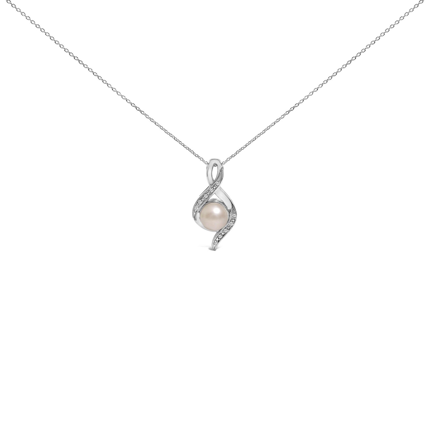 Front view of a white metal necklace with a pendant featuring a round white gemstone surrounded by a twisting design set with small white gemstones.