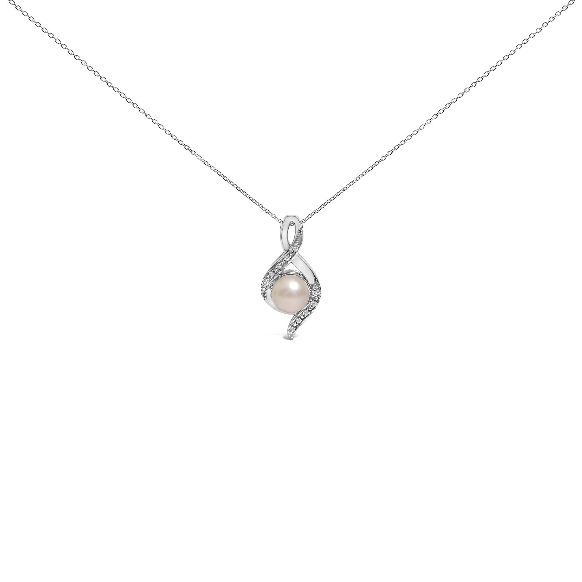 Front view of a white metal necklace with a pendant featuring a round white gemstone surrounded by a twisting design set with small white gemstones.