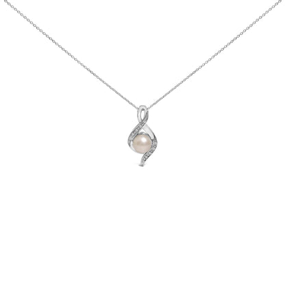 Front view of a white metal necklace with a pendant featuring a round white gemstone surrounded by a twisting design set with small white gemstones.
