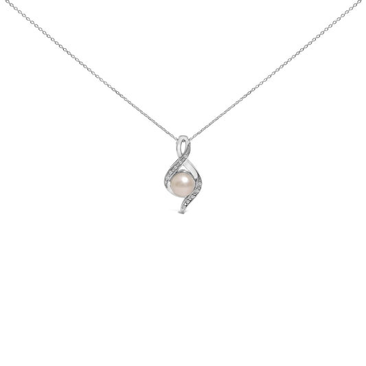 Front view of a white metal necklace with a pendant featuring a round white gemstone surrounded by a twisting design set with small white gemstones.