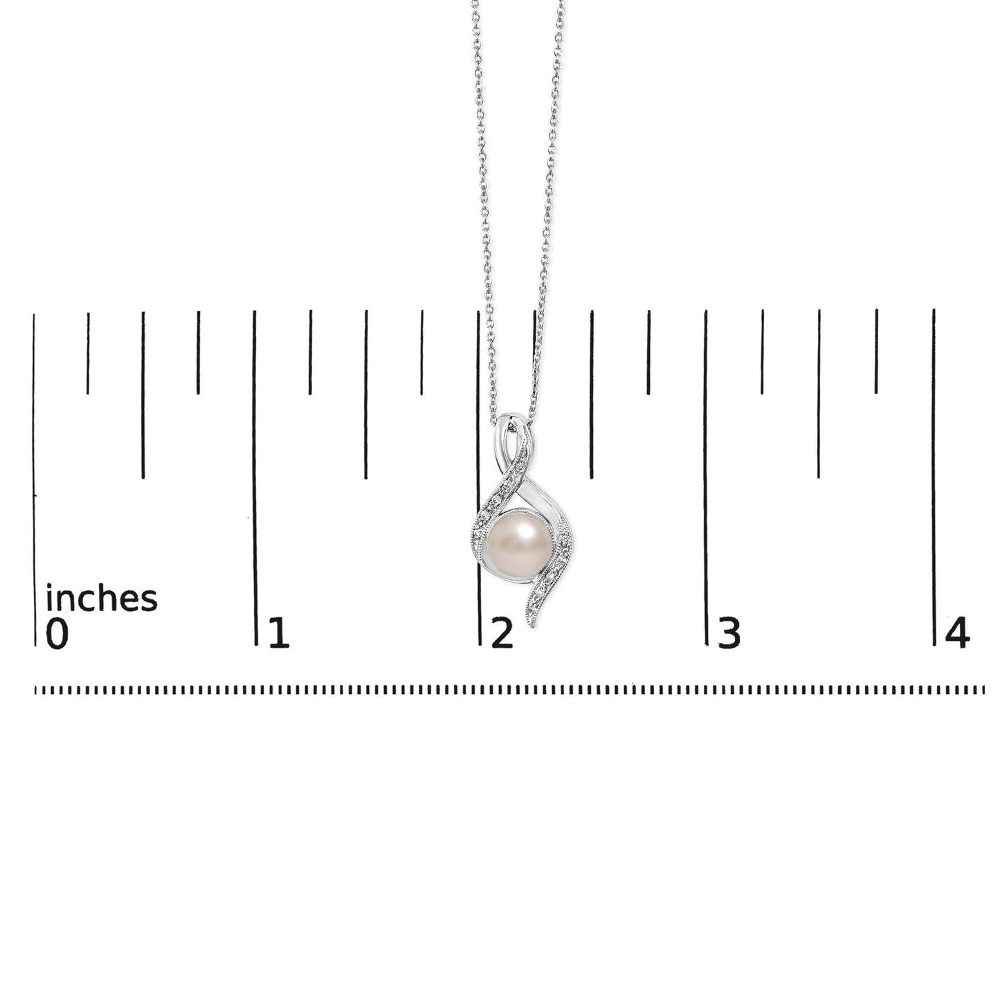 White metal necklace with a round light-colored central gemstone, surrounded by a flowing design accented with small white gemstones in a pave setting, shown on a scale. Shot from the front.