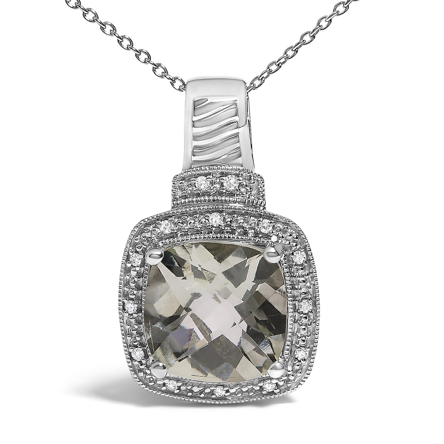 Close-up front view of a white metal necklace featuring a cushion-shaped green gemstone in a four-prong setting, surrounded by pave-set round white gemstones, shown on a white background.