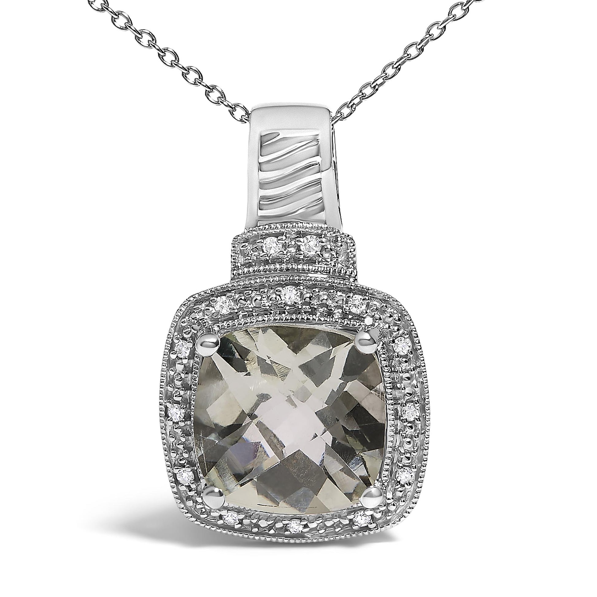 Close-up front view of a white metal necklace featuring a cushion-shaped green gemstone in a four-prong setting, surrounded by pave-set round white gemstones, shown on a white background.
