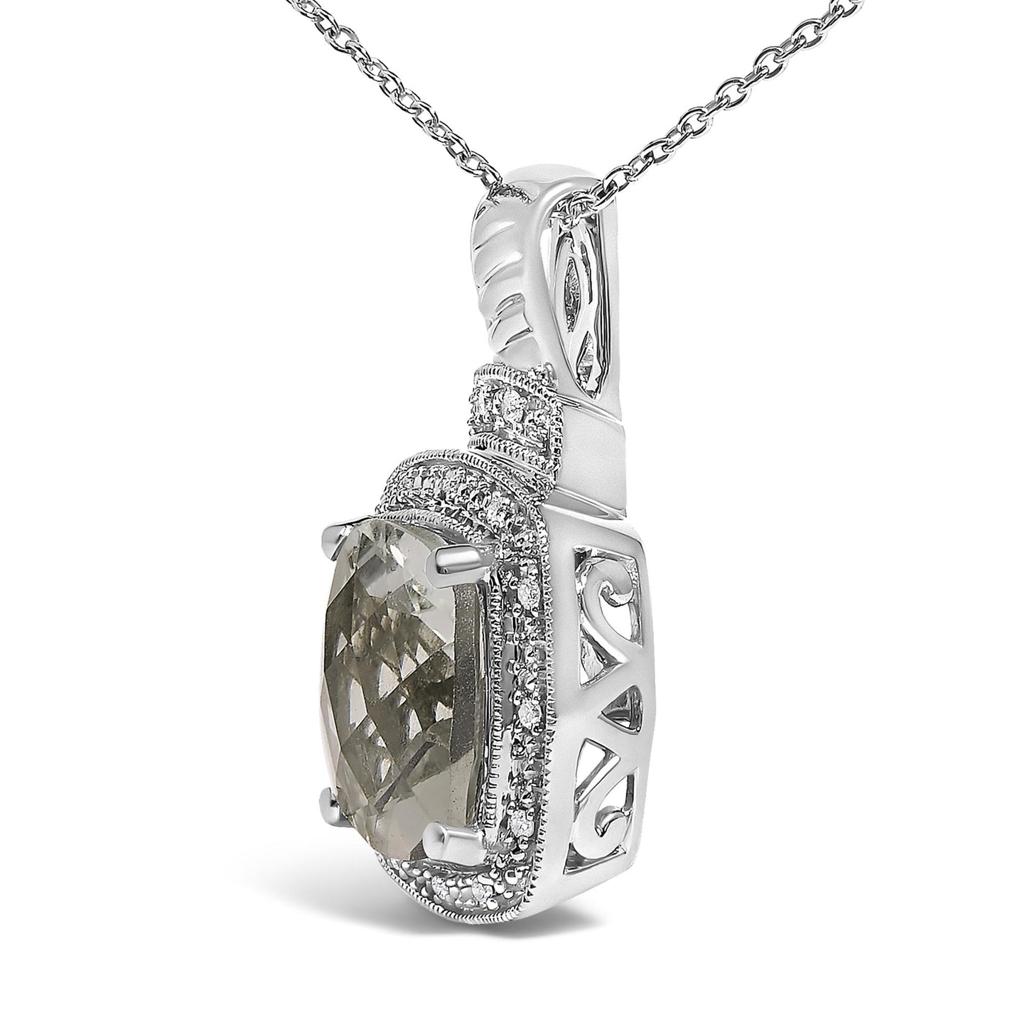 Close-up angled view of a white metal necklace pendant featuring a large cushion-shaped green gemstone in a four-prong setting, surrounded by pave-set small white round gemstones and decorative openwork on the sides.
