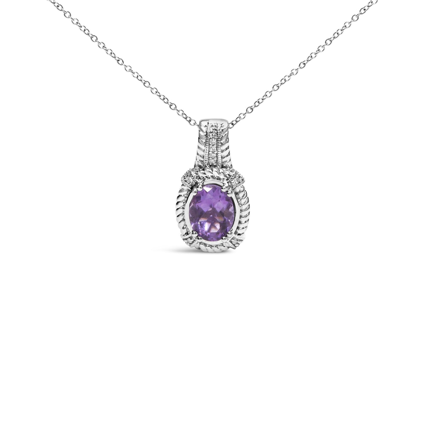 Front view of a white metal necklace with an oval purple gemstone pendant surrounded by small round white gemstones in a pave setting.