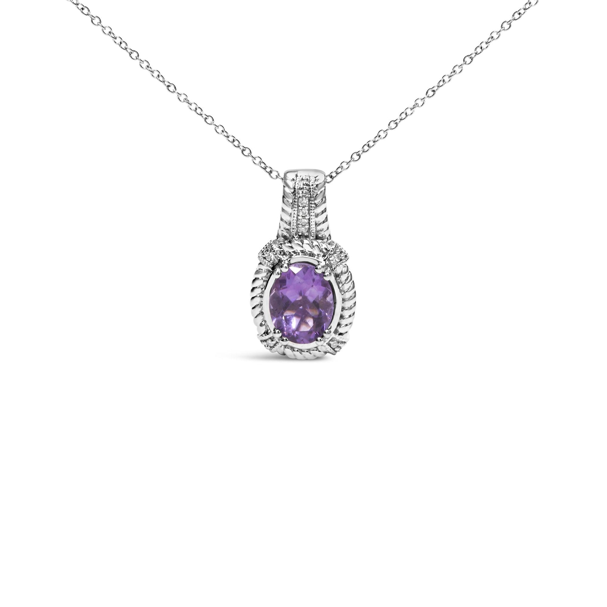 Front view of a white metal necklace with an oval purple gemstone pendant surrounded by small round white gemstones in a pave setting.
