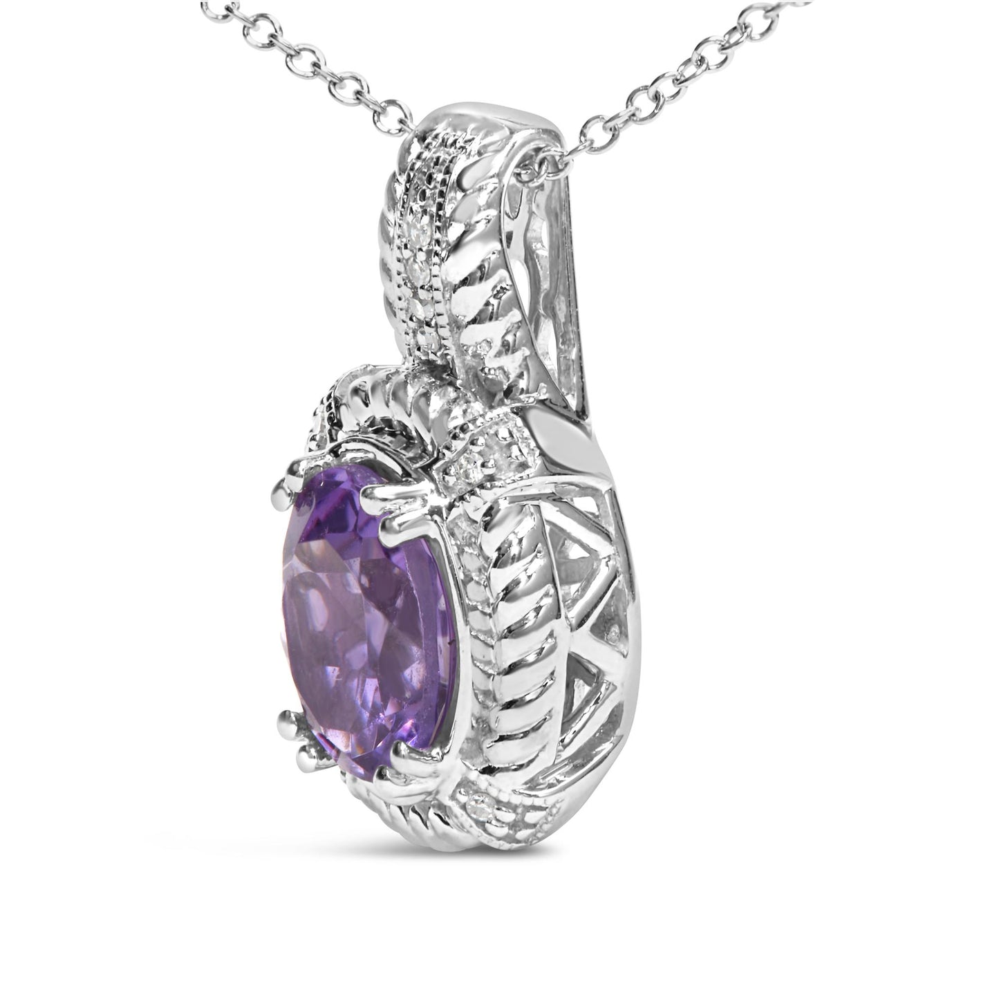 Close-up front angle of a white metal necklace pendant featuring an oval purple gemstone surrounded by pave-set round white gemstones.