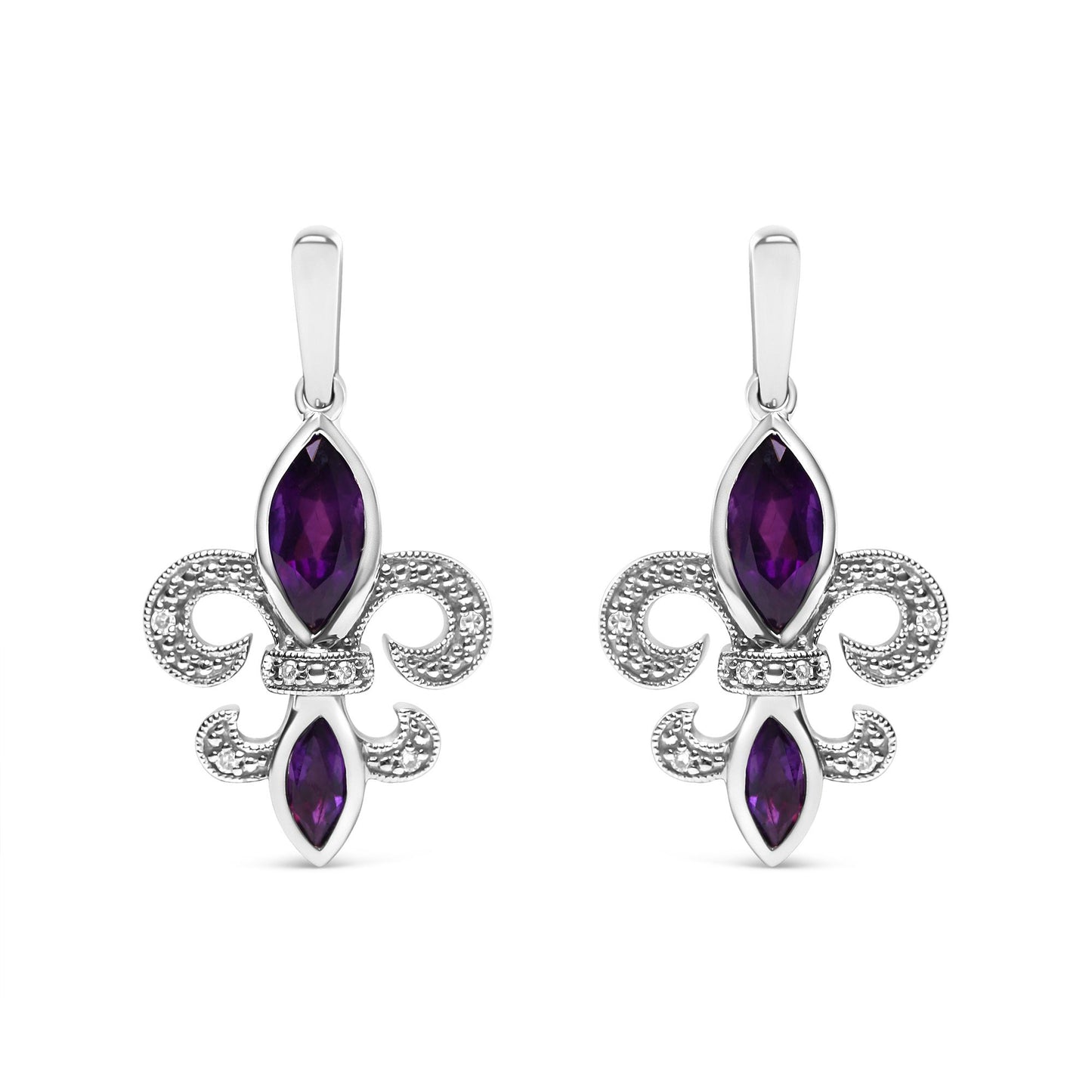Front view of white metal earrings with purple gemstones and small white gemstones in prong settings.