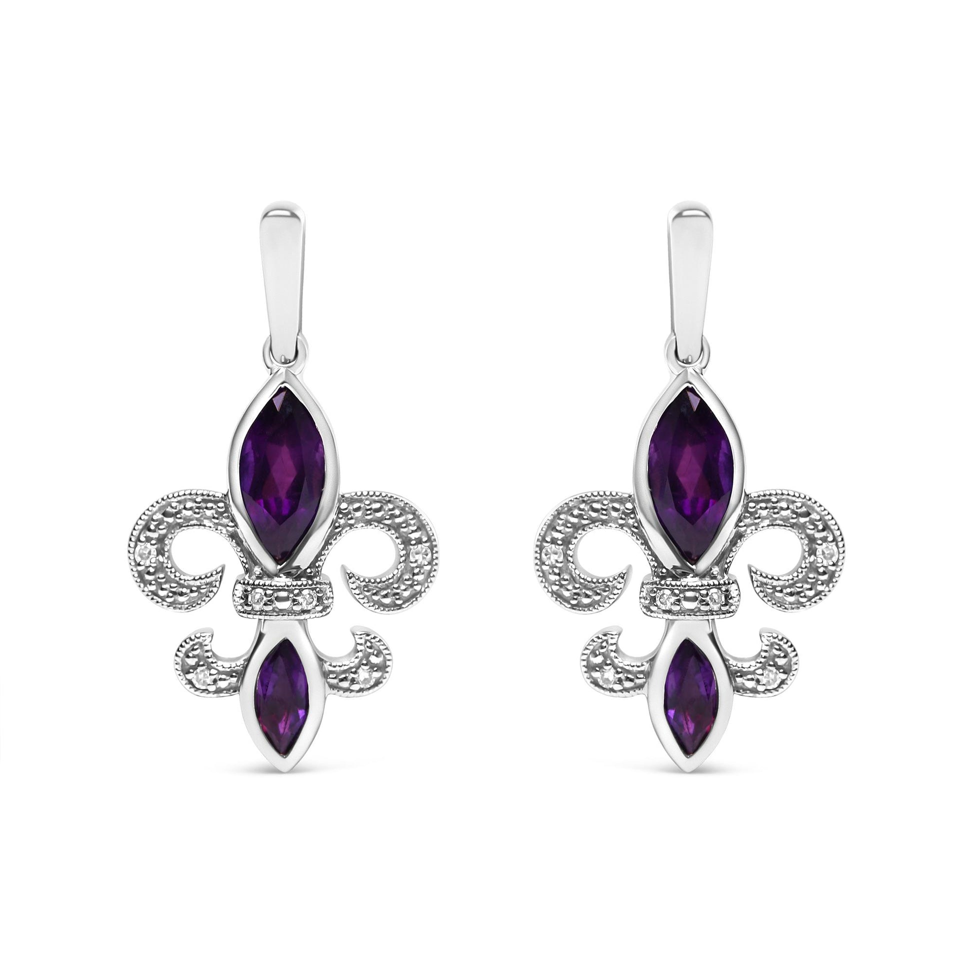 Front view of white metal earrings with purple gemstones and small white gemstones in prong settings.
