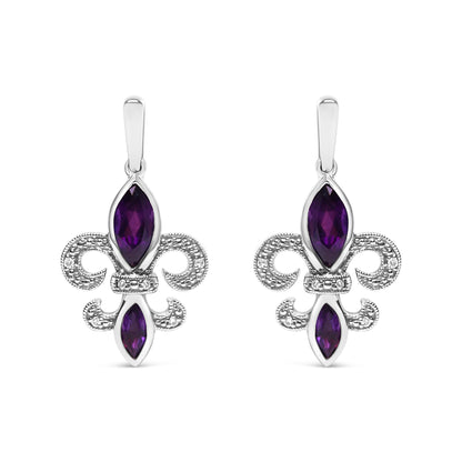 Front view of white metal earrings with purple gemstones and small white gemstones in prong settings.