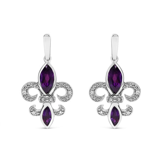 Front view of white metal earrings with purple gemstones and small white gemstones in prong settings.