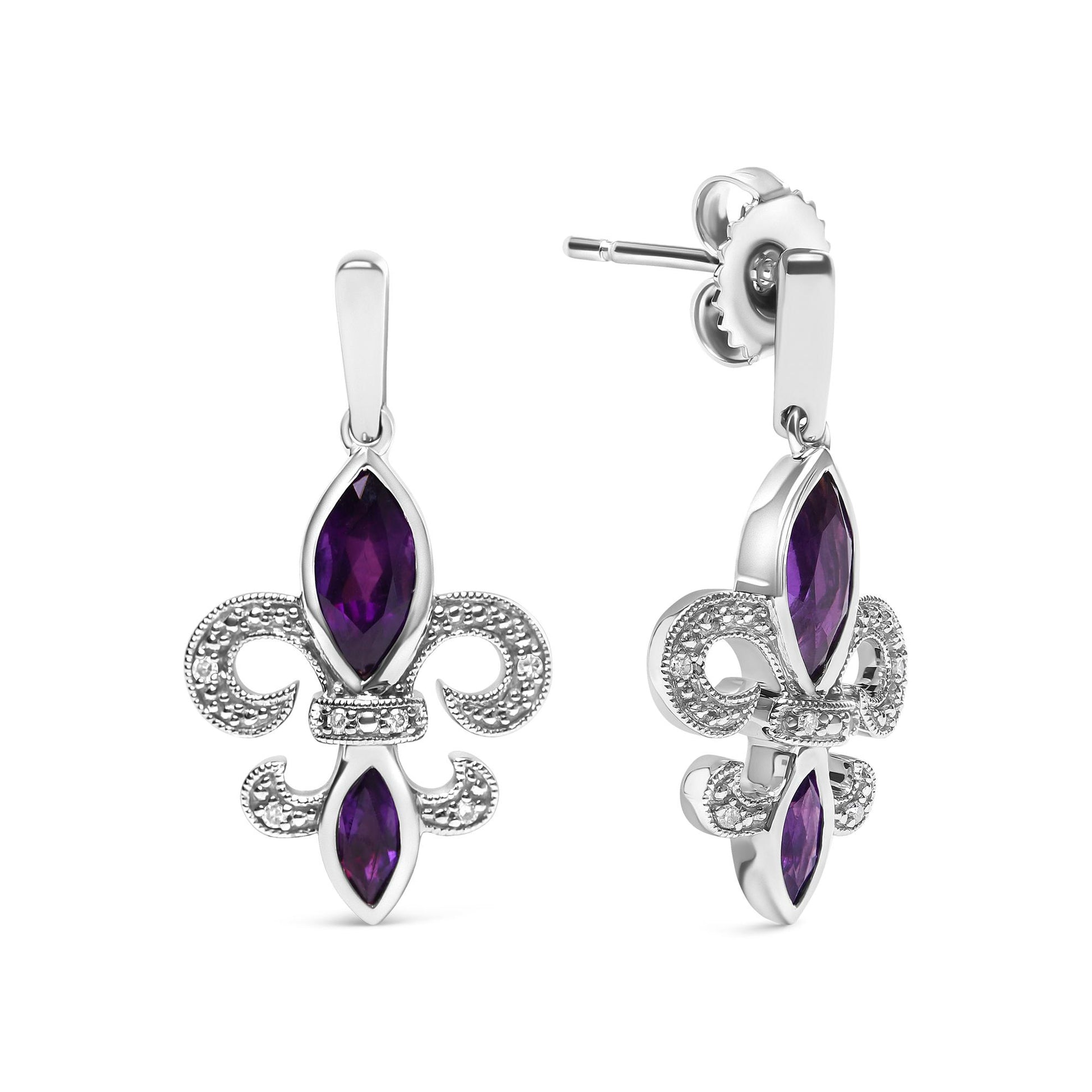 Front and side view of white metal fleur-de-lis shaped earrings with two marquise purple gemstones and small round white gemstones in prong settings.