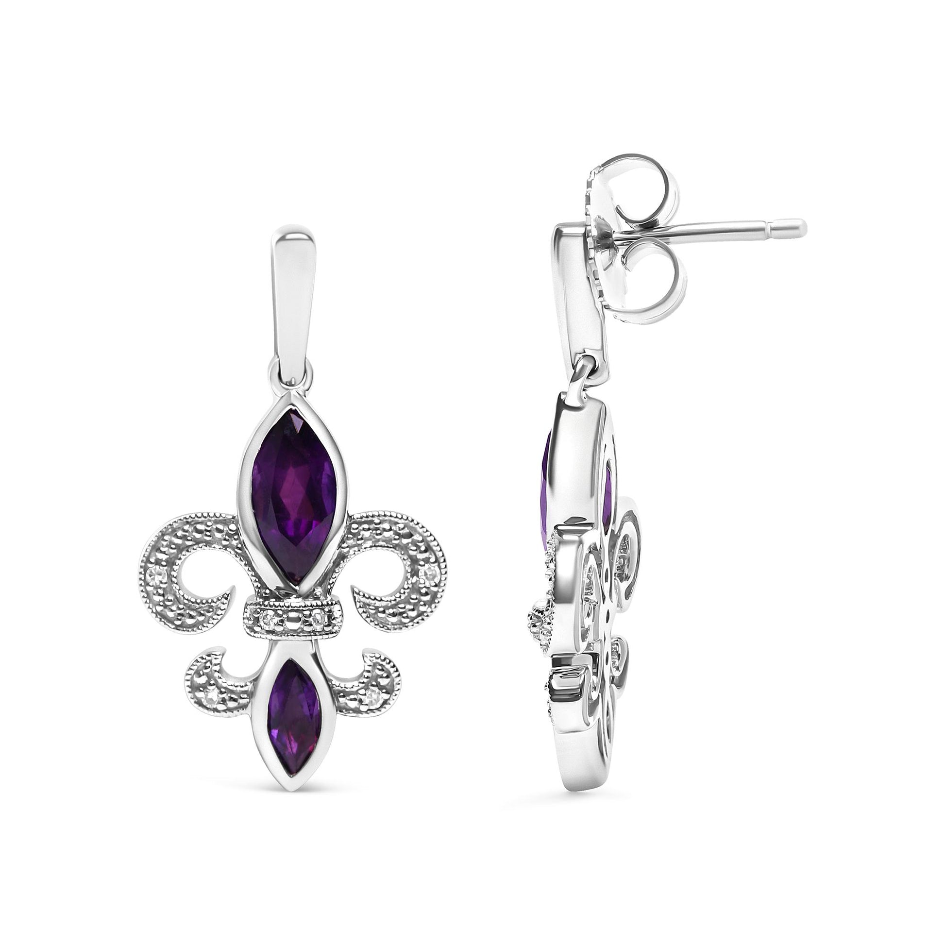 Front and side views of white metal fleur-de-lis shaped earrings with two marquise-cut purple gemstones and small round white gemstones in prong settings, shown against a white background.