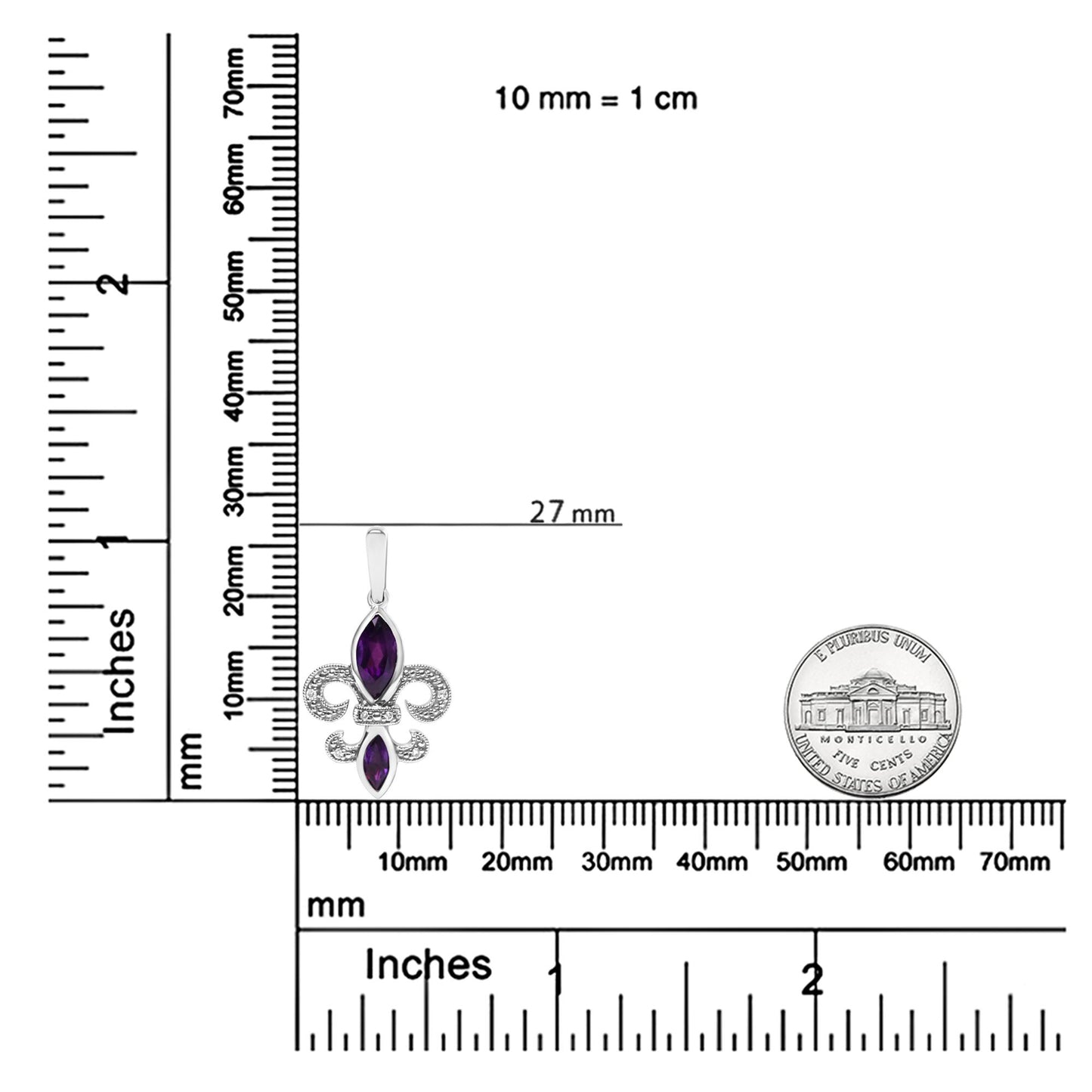 Front view of white metal earring with purple gemstones and small round white gemstones in prong settings, displayed on a ruler and next to a coin for size reference.
