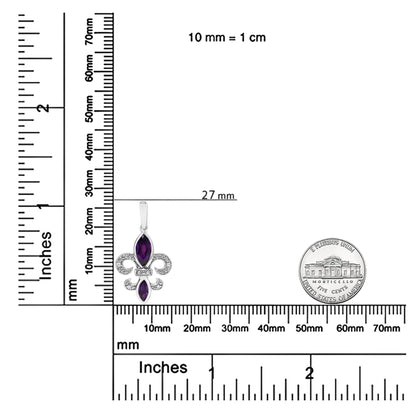 Front view of white metal earring with purple gemstones and small round white gemstones in prong settings, displayed on a ruler and next to a coin for size reference.