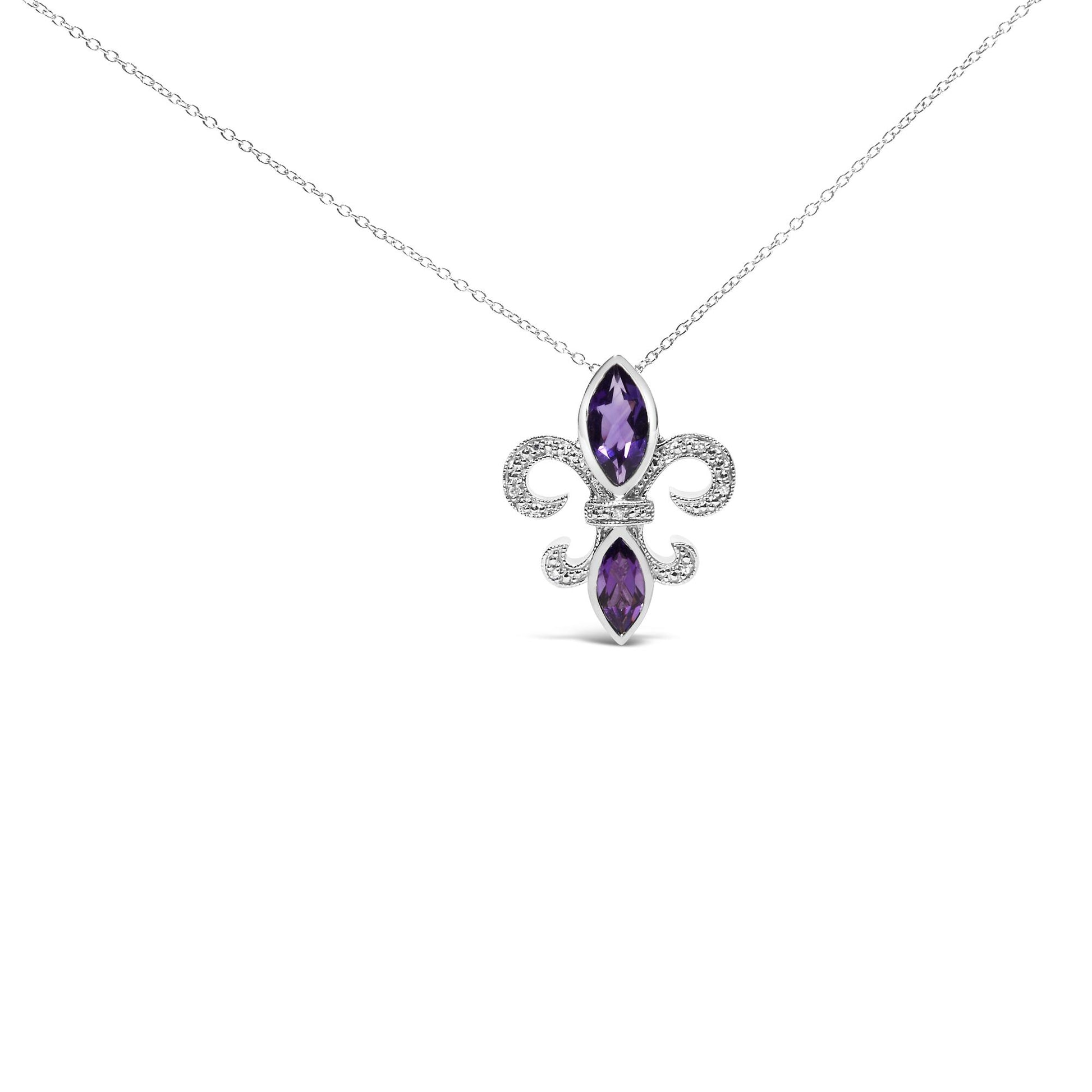 Front view of white metal necklace with a fleur-de-lis pendant featuring two marquise-shaped purple gemstones in bezel settings and accented with round white gemstones in prong settings.