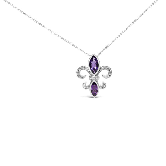Front view of white metal necklace with a fleur-de-lis pendant featuring two marquise-shaped purple gemstones in bezel settings and accented with round white gemstones in prong settings.