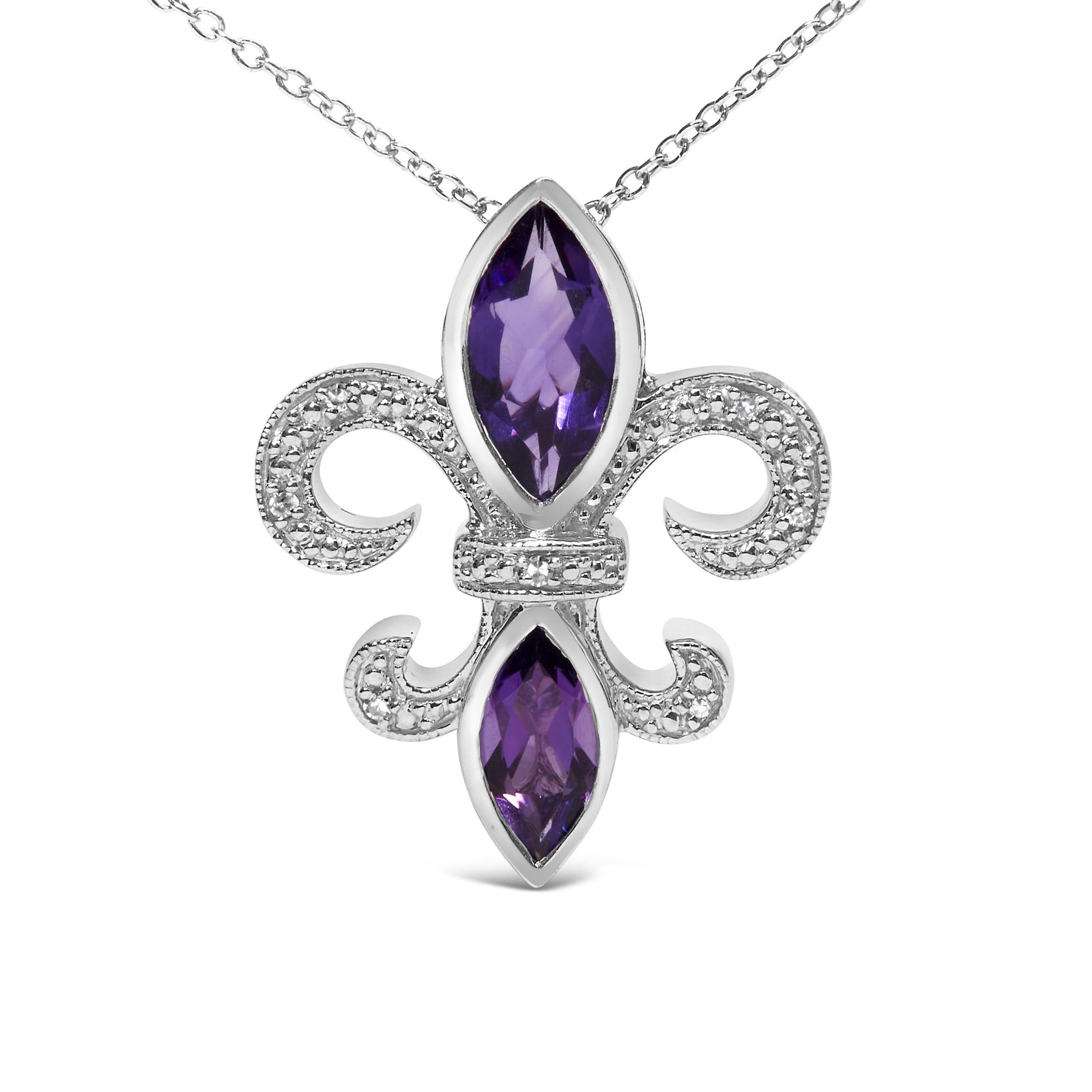 Front view of a white metal necklace pendant with a fleur-de-lis design featuring small round white gemstones set in prongs and two marquise-shaped purple gemstones in bezel settings.