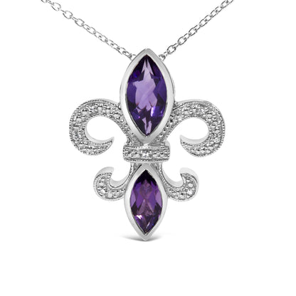 Front view of a white metal necklace pendant with a fleur-de-lis design featuring small round white gemstones set in prongs and two marquise-shaped purple gemstones in bezel settings.