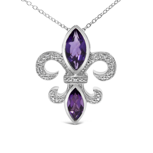Front view of a white metal necklace pendant with a fleur-de-lis design featuring small round white gemstones set in prongs and two marquise-shaped purple gemstones in bezel settings.