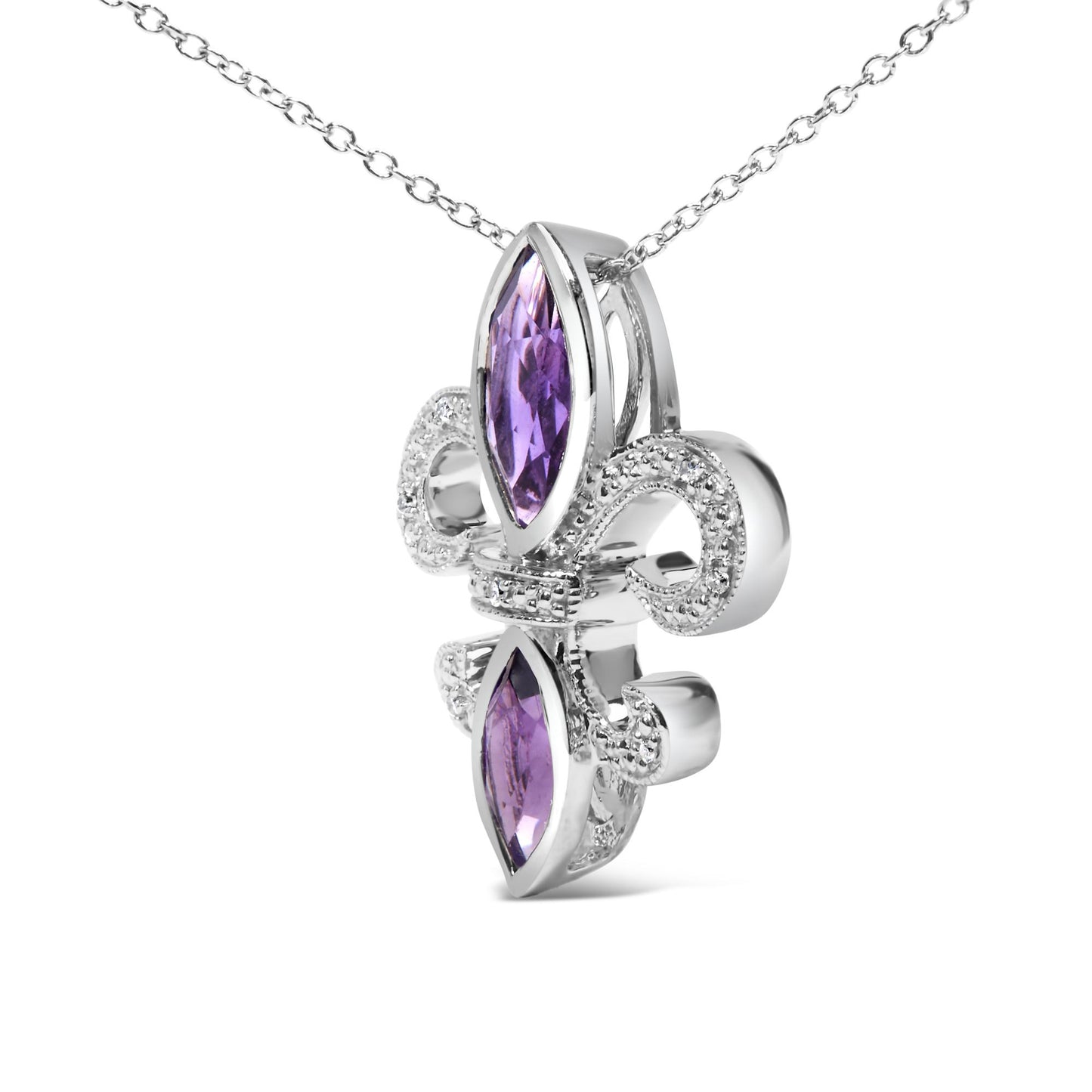 Close-up angled view of a white metal necklace pendant featuring two purple marquise-shaped gemstones in bezel settings and multiple round white gemstones in prong settings.