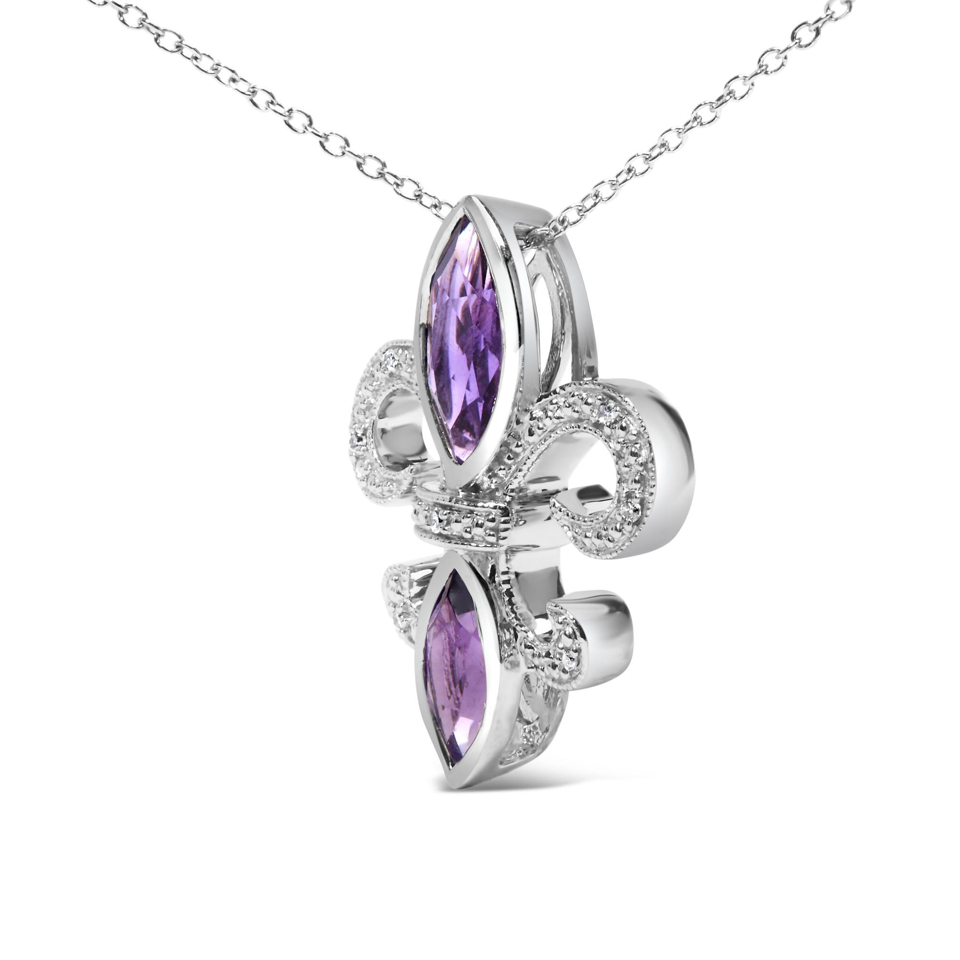 Close-up angled view of a white metal necklace pendant featuring two purple marquise-shaped gemstones in bezel settings and multiple round white gemstones in prong settings.