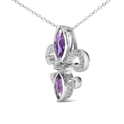 Close-up angled view of a white metal necklace pendant featuring two purple marquise-shaped gemstones in bezel settings and multiple round white gemstones in prong settings.