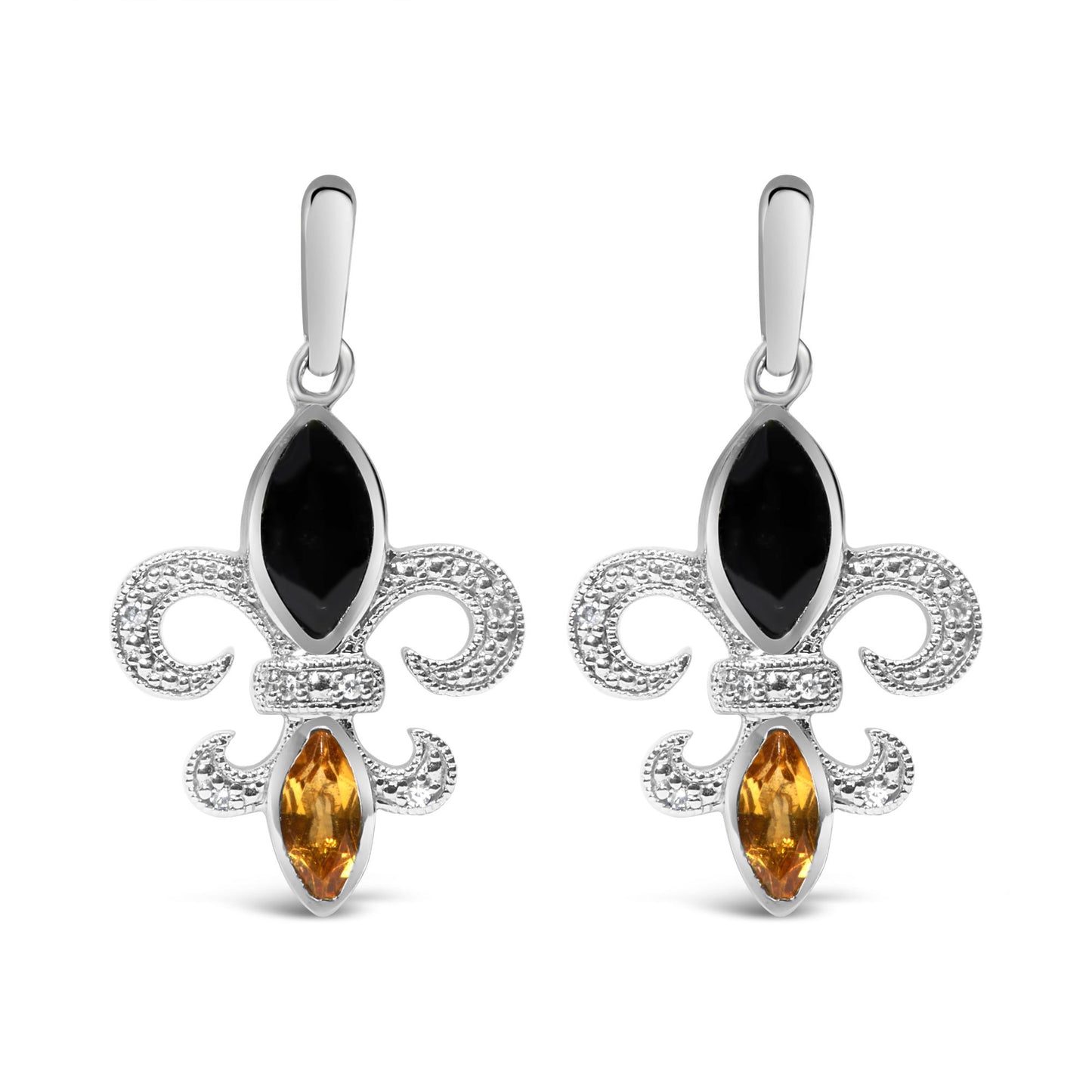 Front view of a pair of white metal earrings with black marquise-shaped gemstones at the top, yellow marquise-shaped gemstones at the bottom, and decorative swirls accented with small round white gemstones in between.