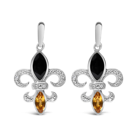 Front view of a pair of white metal earrings with black marquise-shaped gemstones at the top, yellow marquise-shaped gemstones at the bottom, and decorative swirls accented with small round white gemstones in between.