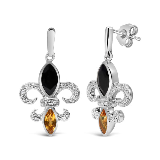 Pair of white metal earrings with black marquise-shaped gemstones and yellow marquise-shaped gemstones set in a decorative design, front and side angles.