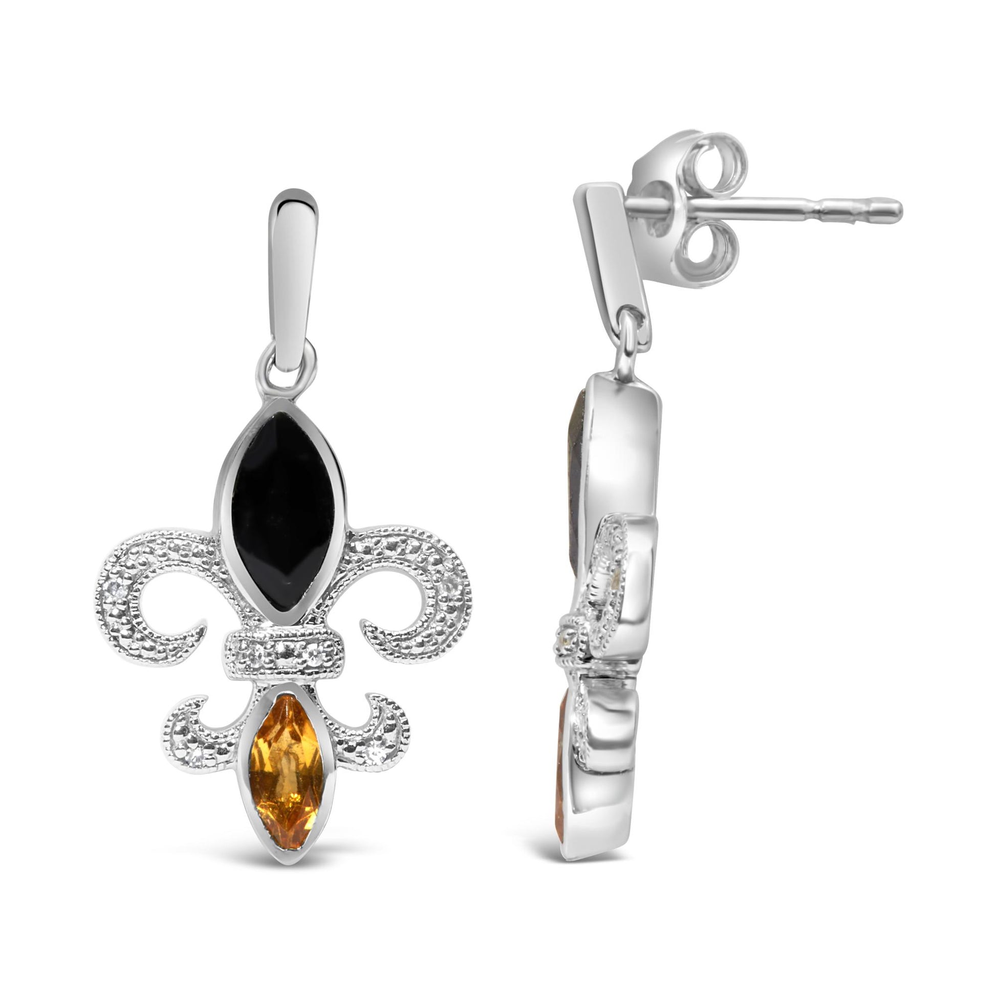 Pair of white metal fleur-de-lis shaped earrings with black and yellow marquise-shaped gemstones, white round gemstones accenting the design, front and side views.