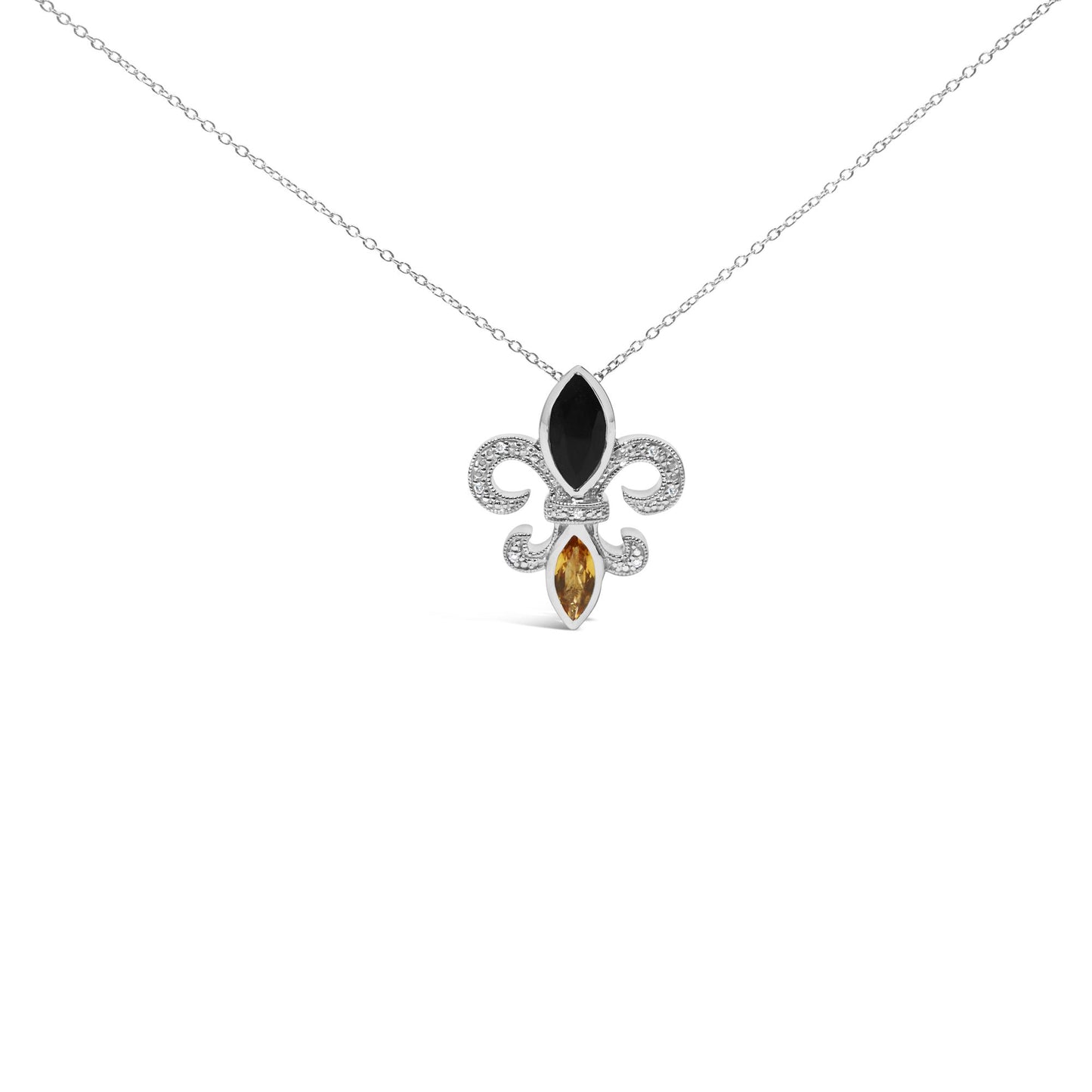 Front-facing shot of a white metal necklace with a fleur-de-lis shaped pendant featuring a marquise black gemstone at the top, a marquise yellow gemstone at the bottom, and surrounded by small round white gemstones in a prong setting.