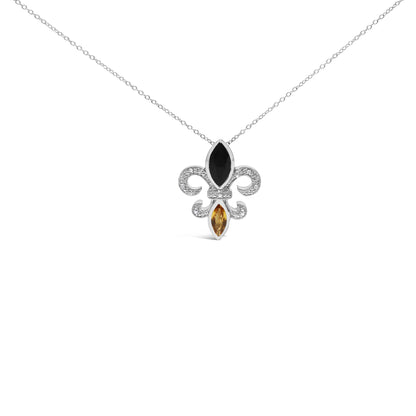 Front-facing shot of a white metal necklace with a fleur-de-lis shaped pendant featuring a marquise black gemstone at the top, a marquise yellow gemstone at the bottom, and surrounded by small round white gemstones in a prong setting.