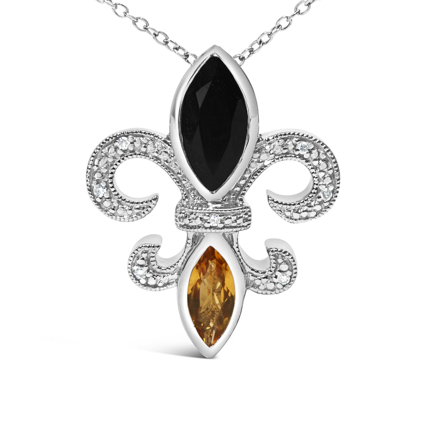 White metal necklace pendant with a fleur-de-lis design featuring a marquise-shaped black gemstone at the top and a marquise-shaped yellow gemstone at the bottom, accented with round white gemstones in prong settings along the curved details, shown in a front-facing shot.