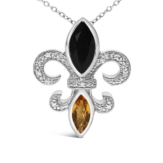 White metal necklace pendant with a fleur-de-lis design featuring a marquise-shaped black gemstone at the top and a marquise-shaped yellow gemstone at the bottom, accented with round white gemstones in prong settings along the curved details, shown in a front-facing shot.